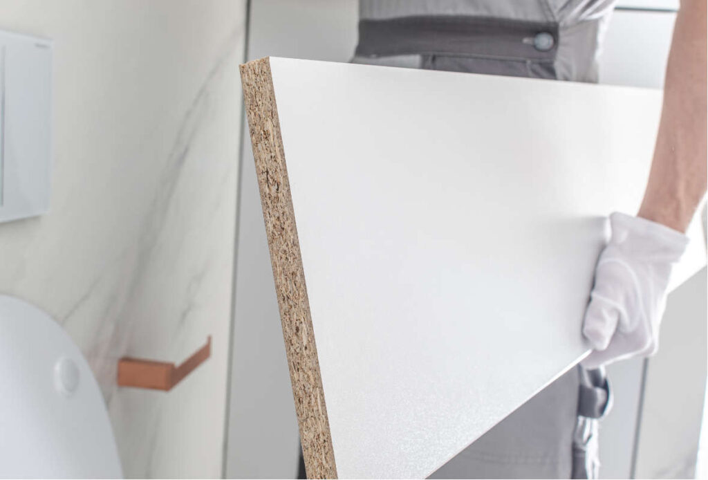 Worker Assembling Elegant White Painted Bathroom Furnitures Elements.