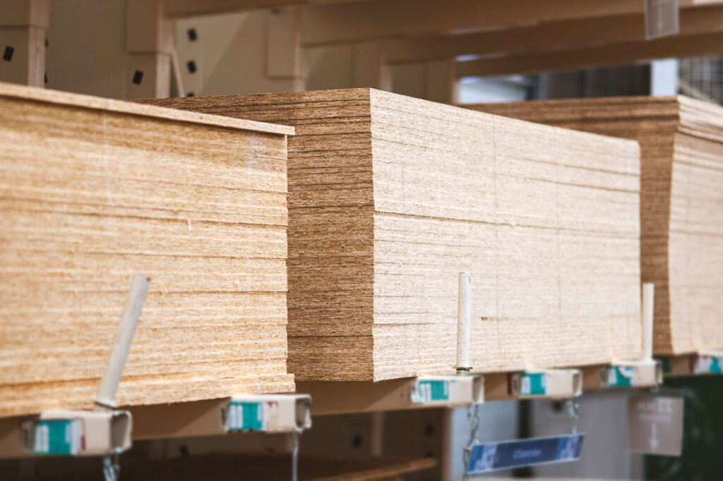 Material boards stacked inside EcoSynthetix facility